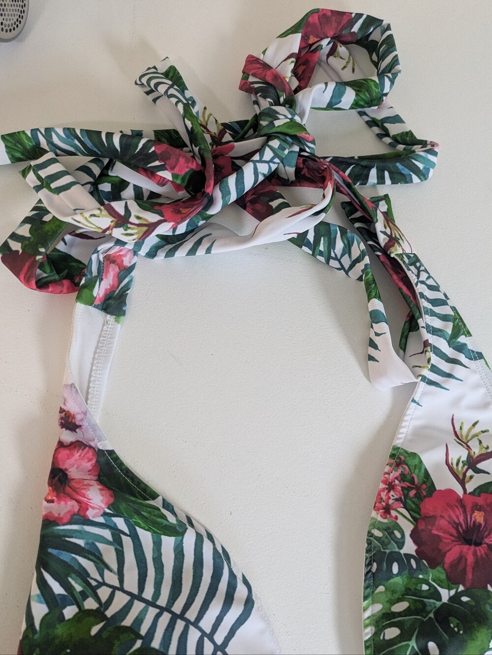 Floral Womens Swimwear Size L Halter Neck Monokini Tropical White Green Cut Out - Picture 7 of 11